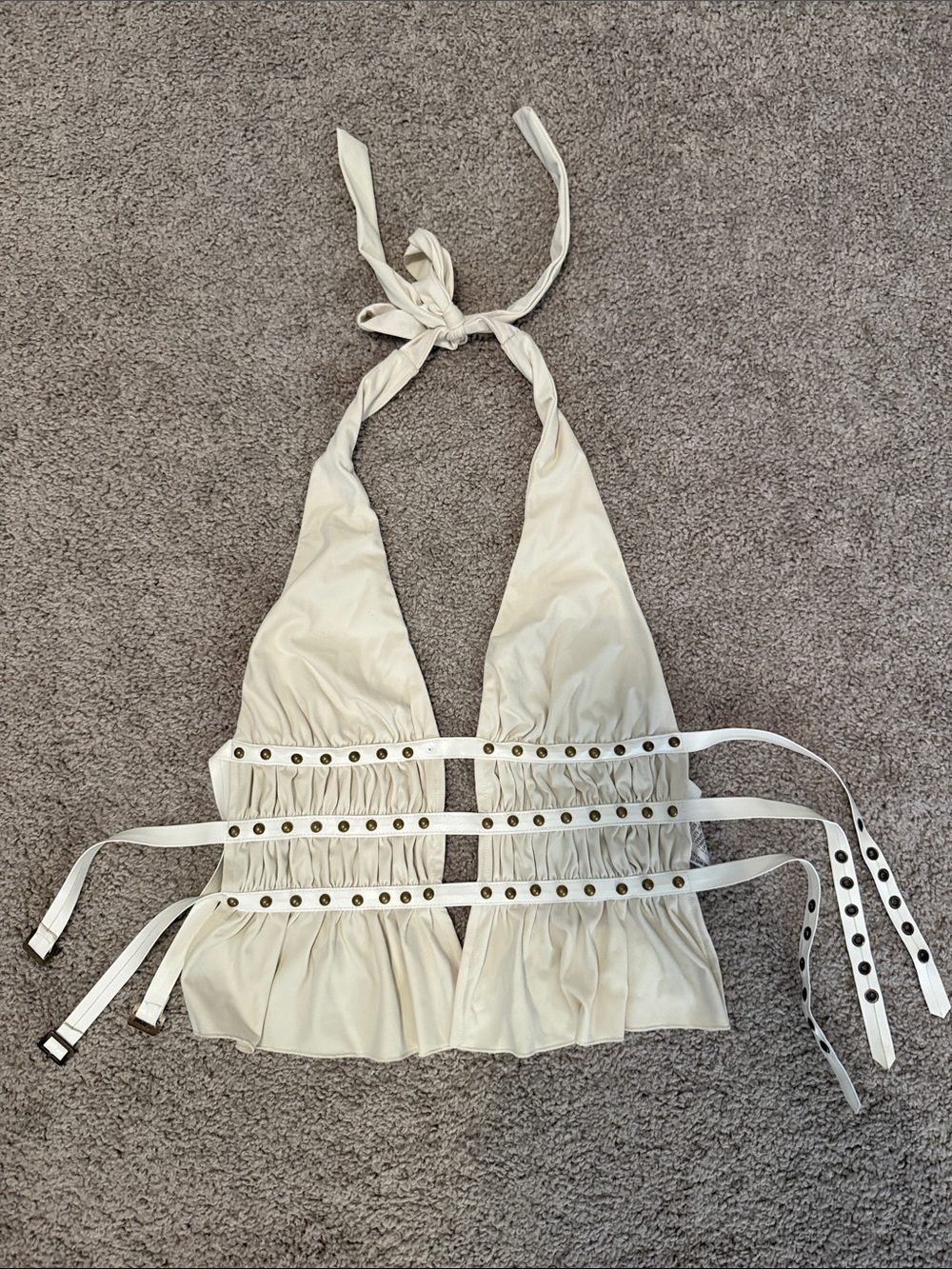Women's Cream Halter Eyelet-Trim Crop Top